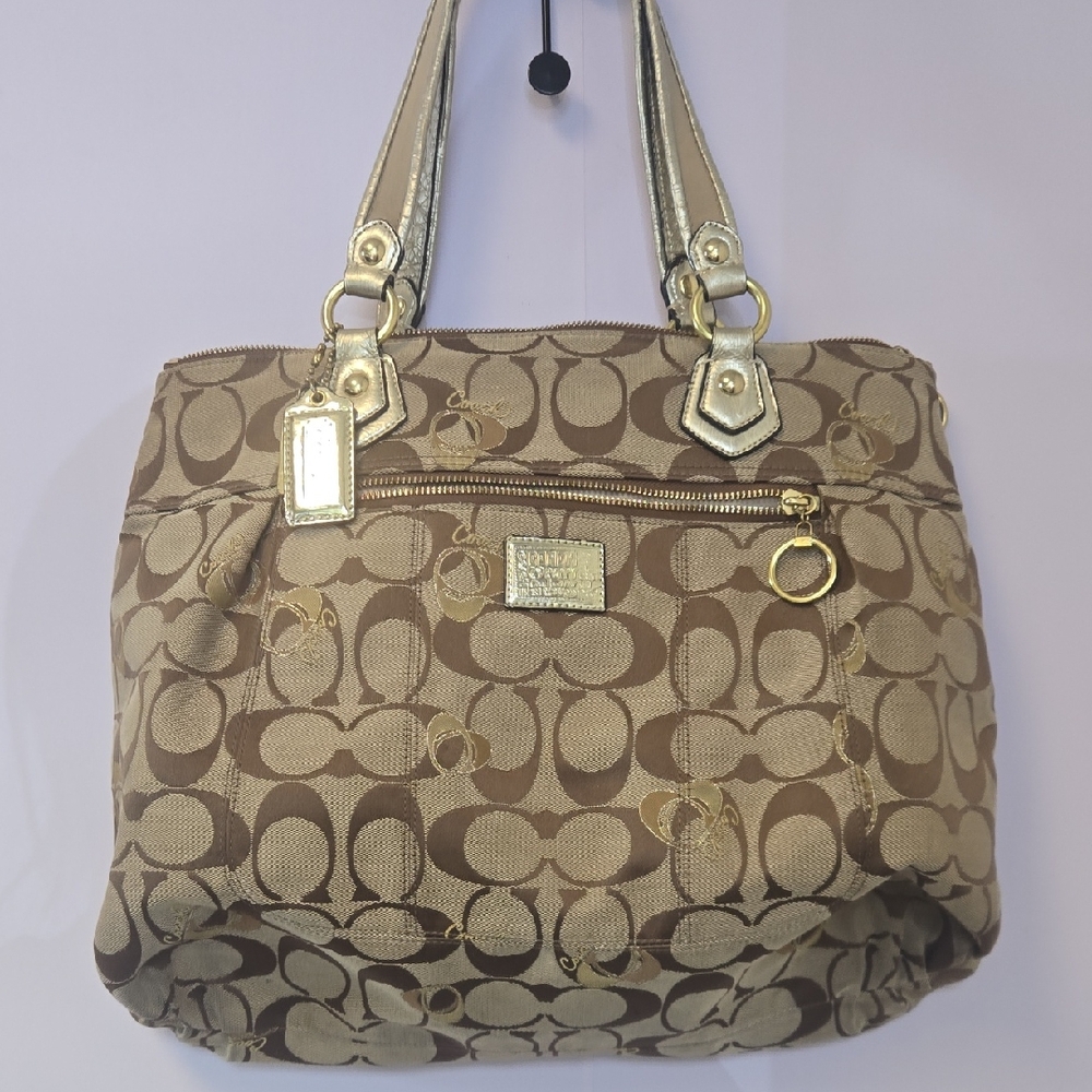 Coach Poppy Tan and Gold Signature Shoulder Bag